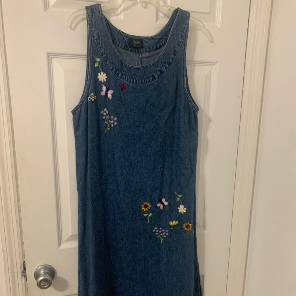 Vintage 90's Agapo Denim Maxi Dress w/Embroidered Flowers and Butterflies